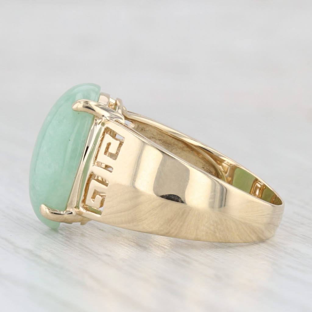 Light Gray Green Jadeite Jade Oval Cabochon Ring 14k Gold Greek Key Pattern Size 6.25