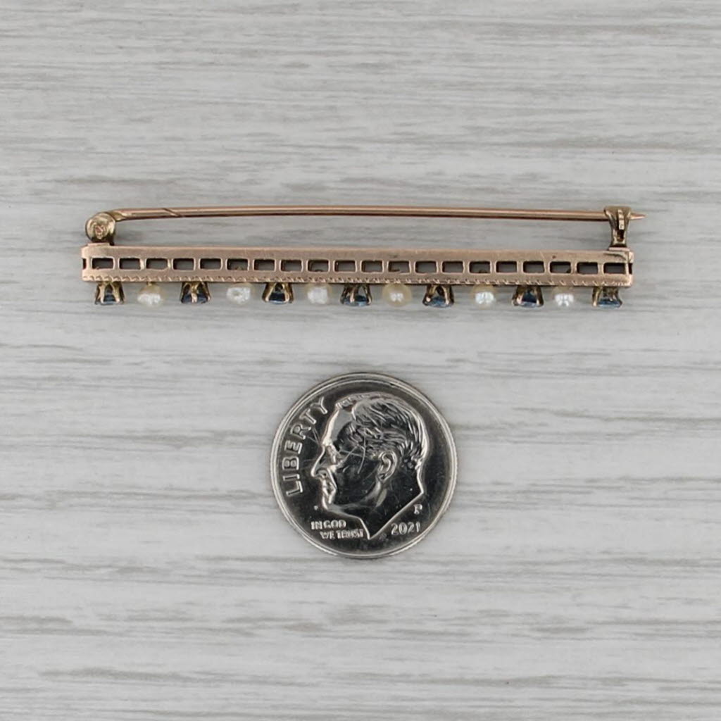 0.56ctw Blue Sapphire Seed Pearl Bar Pin 10k Yellow Gold Vintage Brooch