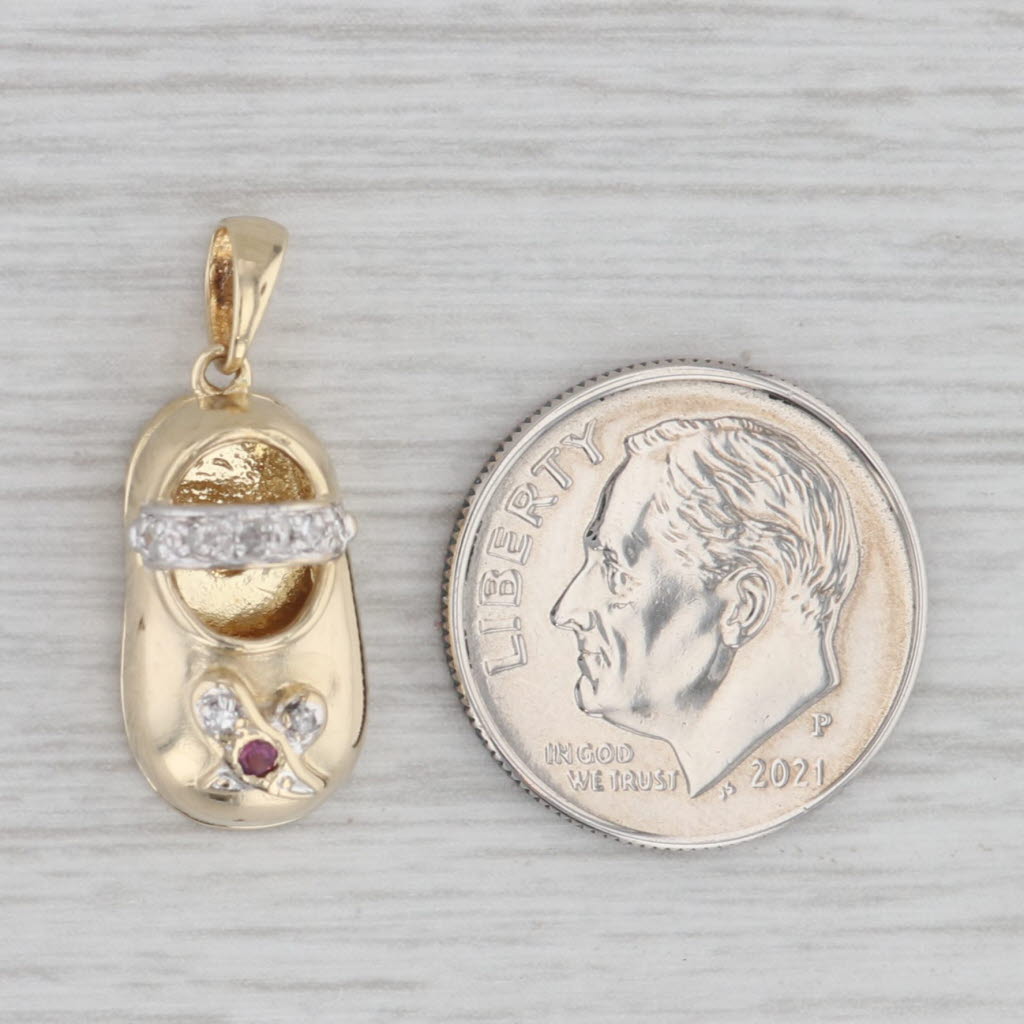 Gray Diamond Ruby Flower Baby Shoe Booty Pendant 14k Yellow Gold Charm