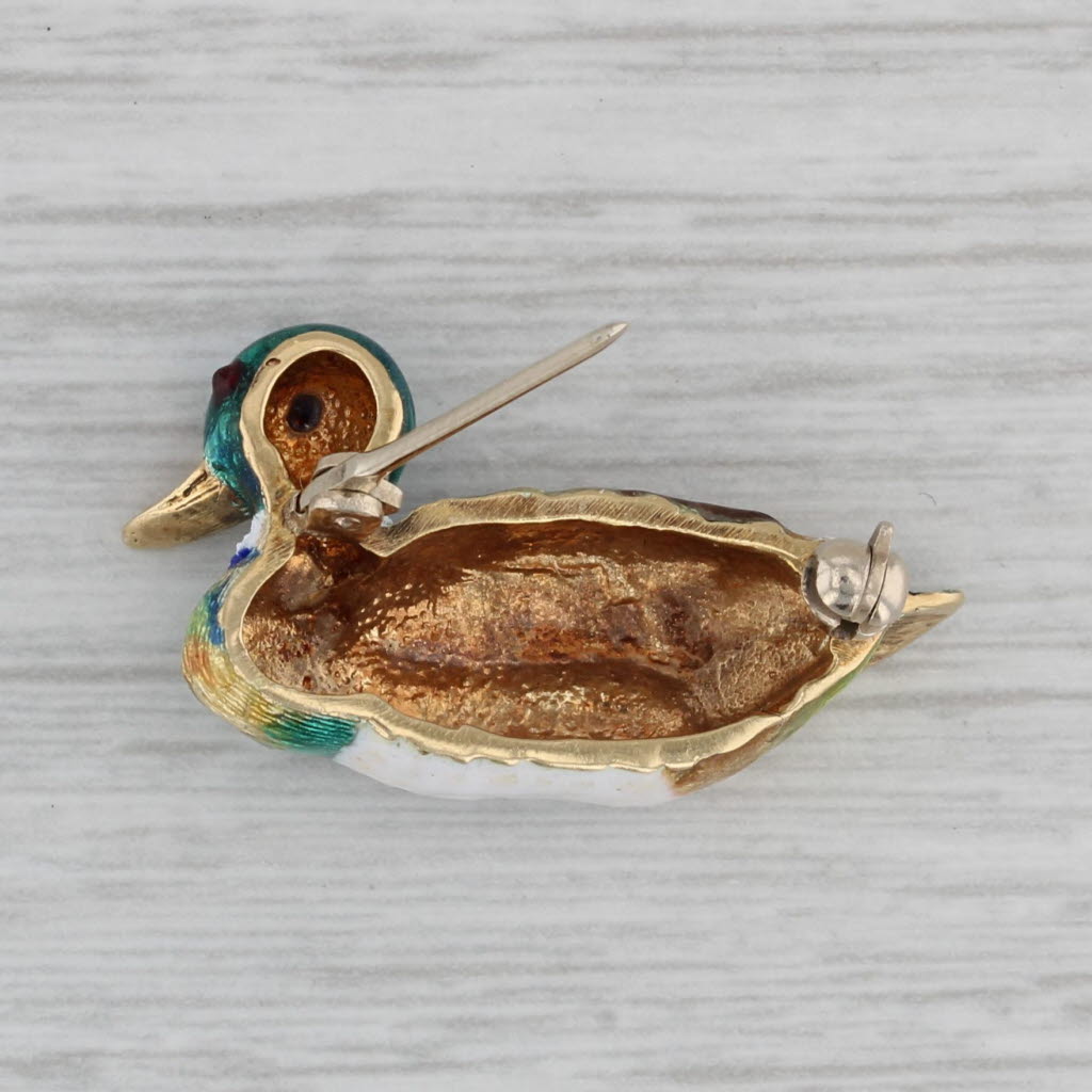 Gray Mallard Duck Pin 14k Yellow Gold Vibrant Enamel Vintage Brooch