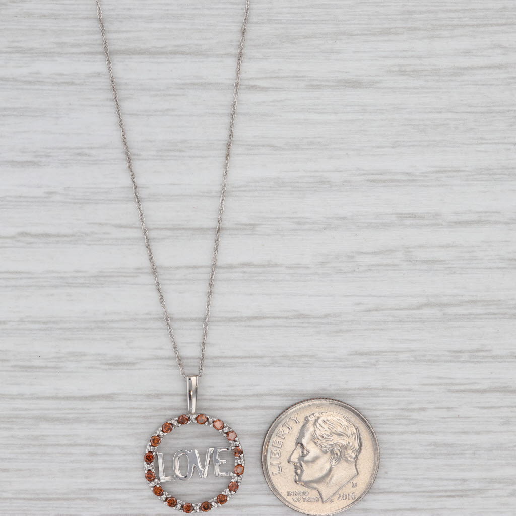 Light Gray 0.24ctw Brown Orange Diamond Love Circle Pendant Necklace 14k White Gold 18"