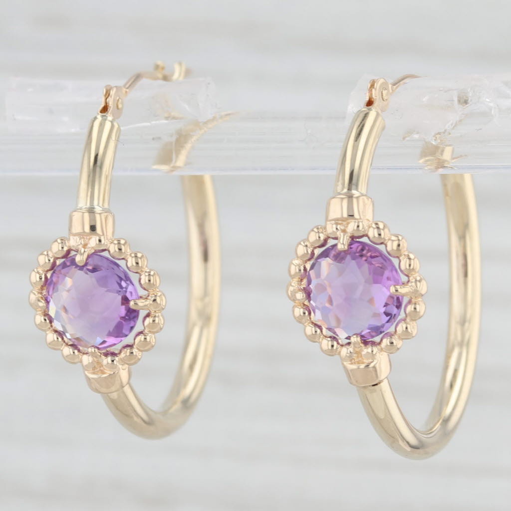 Light Gray 1.20ctw Amethyst Hoop Earrings 10k Yellow Gold Snap Top Round Hoops