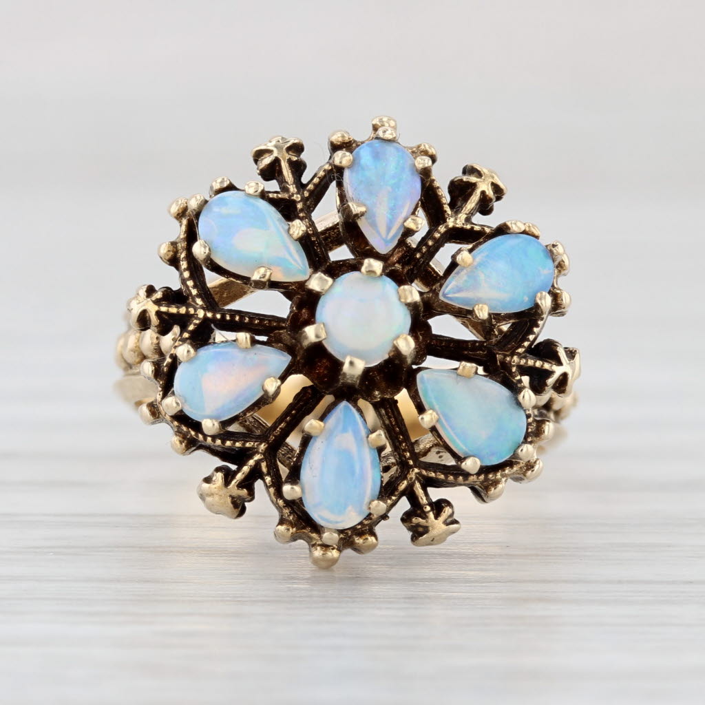 Antique Opal Flower Ring 14k Yellow Gold Filigree Size 6.75 Cocktail