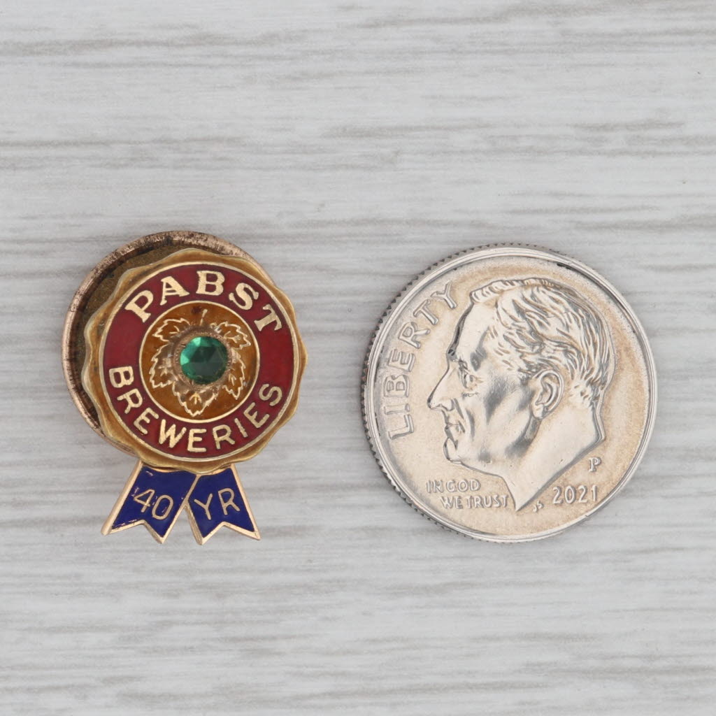 Gray Vintage Pabst Blue Ribbon 40 Year Service Pin 14k Gold Enamel Green Glass Lapel