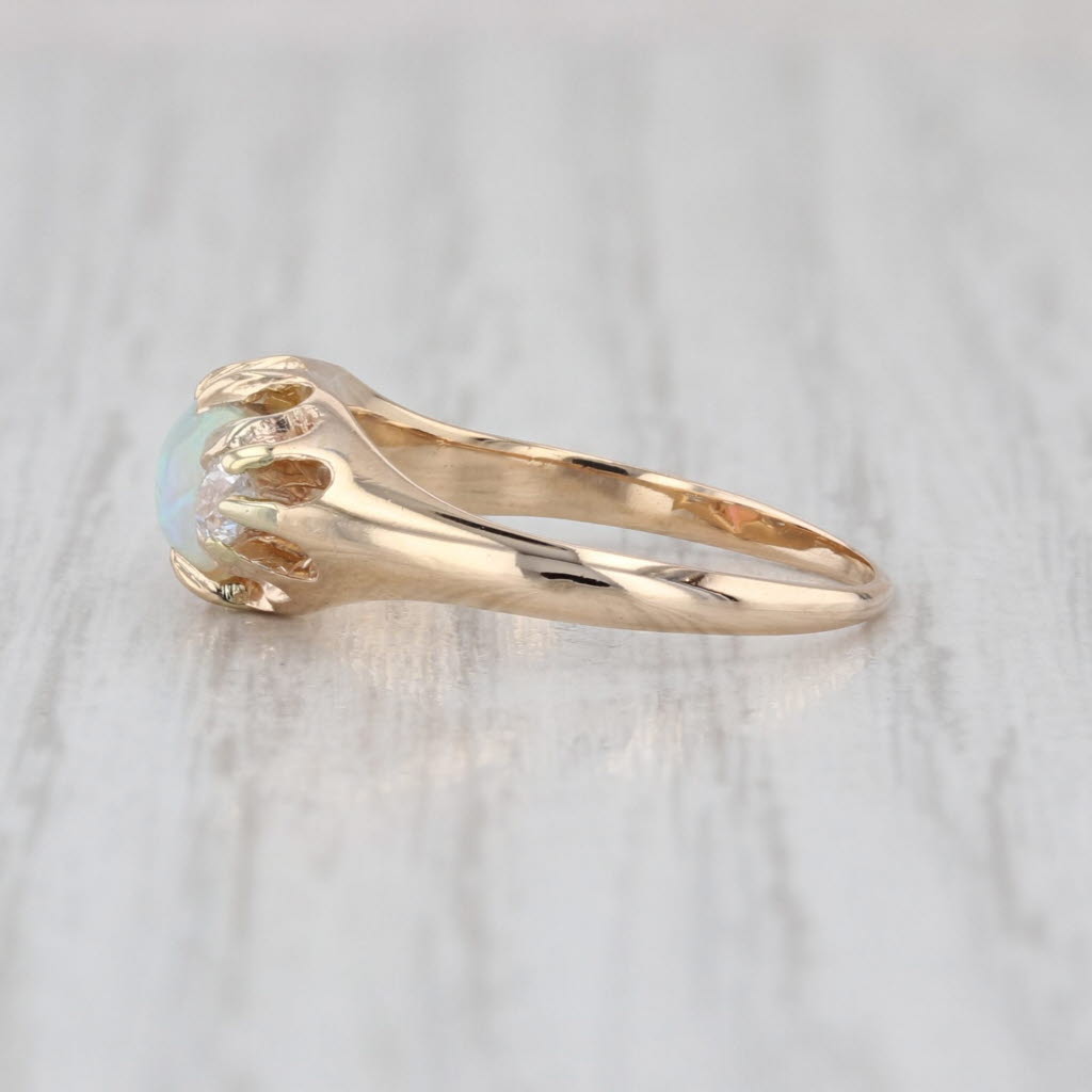 Antique Opal Cabochon Diamond Ring 14k Yellow Gold Size 5.25
