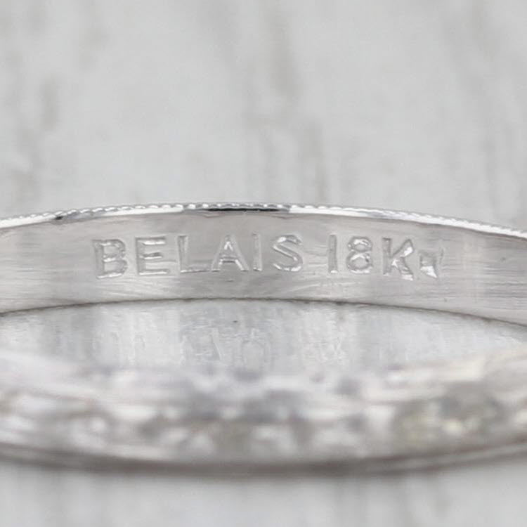 Belias Art Deco Wheat Etched Wedding Band 18k White Gold Stackable Ring Size 7.5