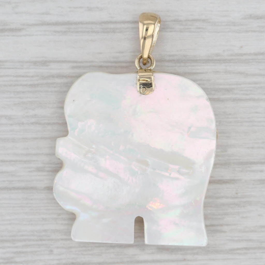 Mother of Pearl Elephant Pendant 14k Yellow Gold Chinese Character Longevity
