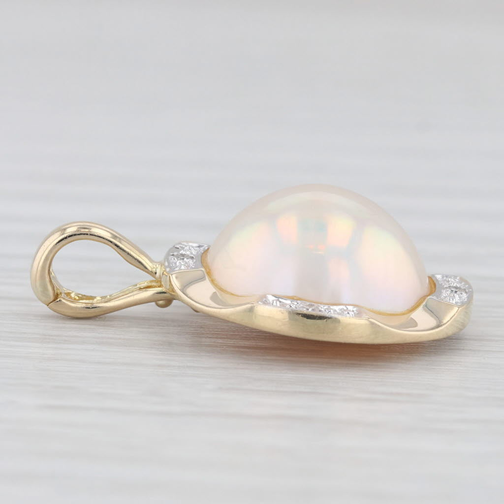 Light Gray Mabe Pearl Diamond Button Enhancer Pendant 14k Yellow Gold Clip Bail