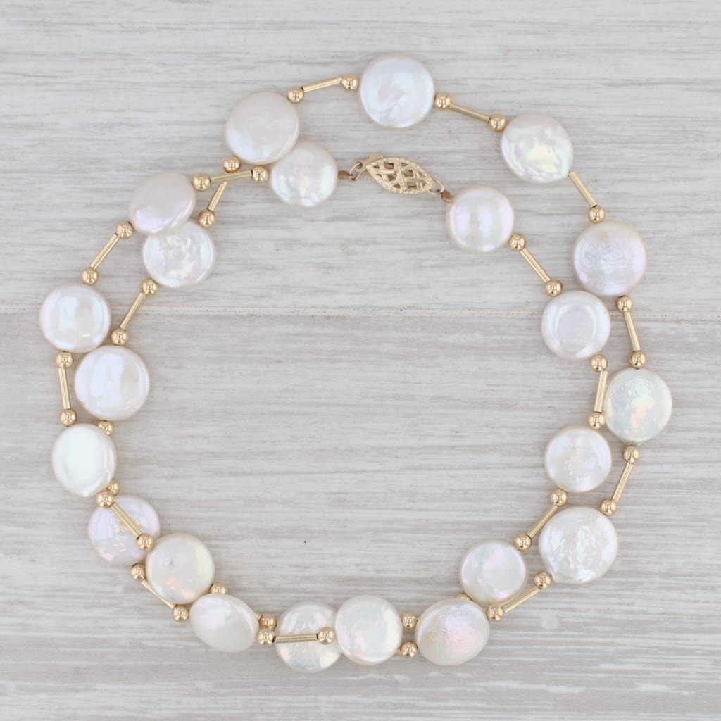 Light Gray Coin Pearl Station Necklace 14k Yellow Gold Bead Strand 20"
