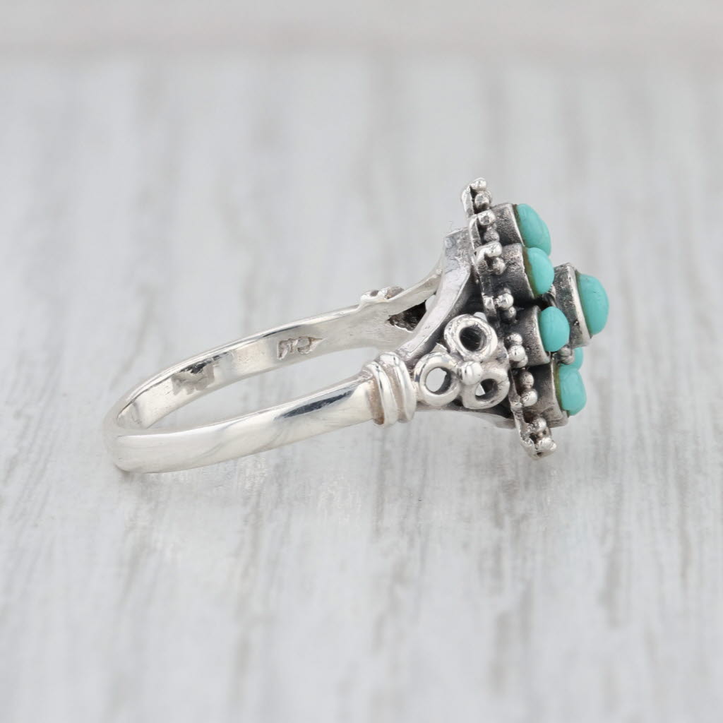 Imitation Turquoise Glass Flower Cluster Ring Sterling Silver Size 8