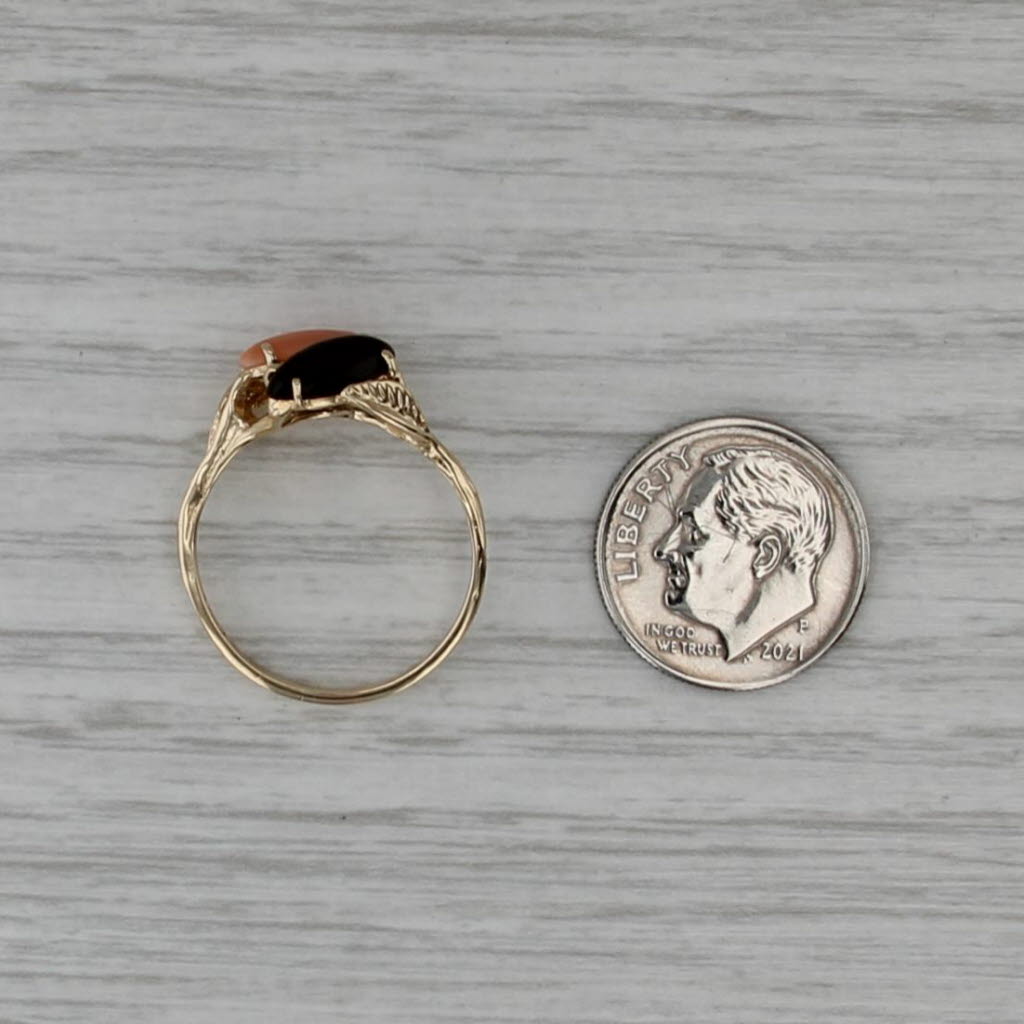 Pink & Black Coral Bypass Ring 14k Yellow Gold Size 7.5 Leaf Accents