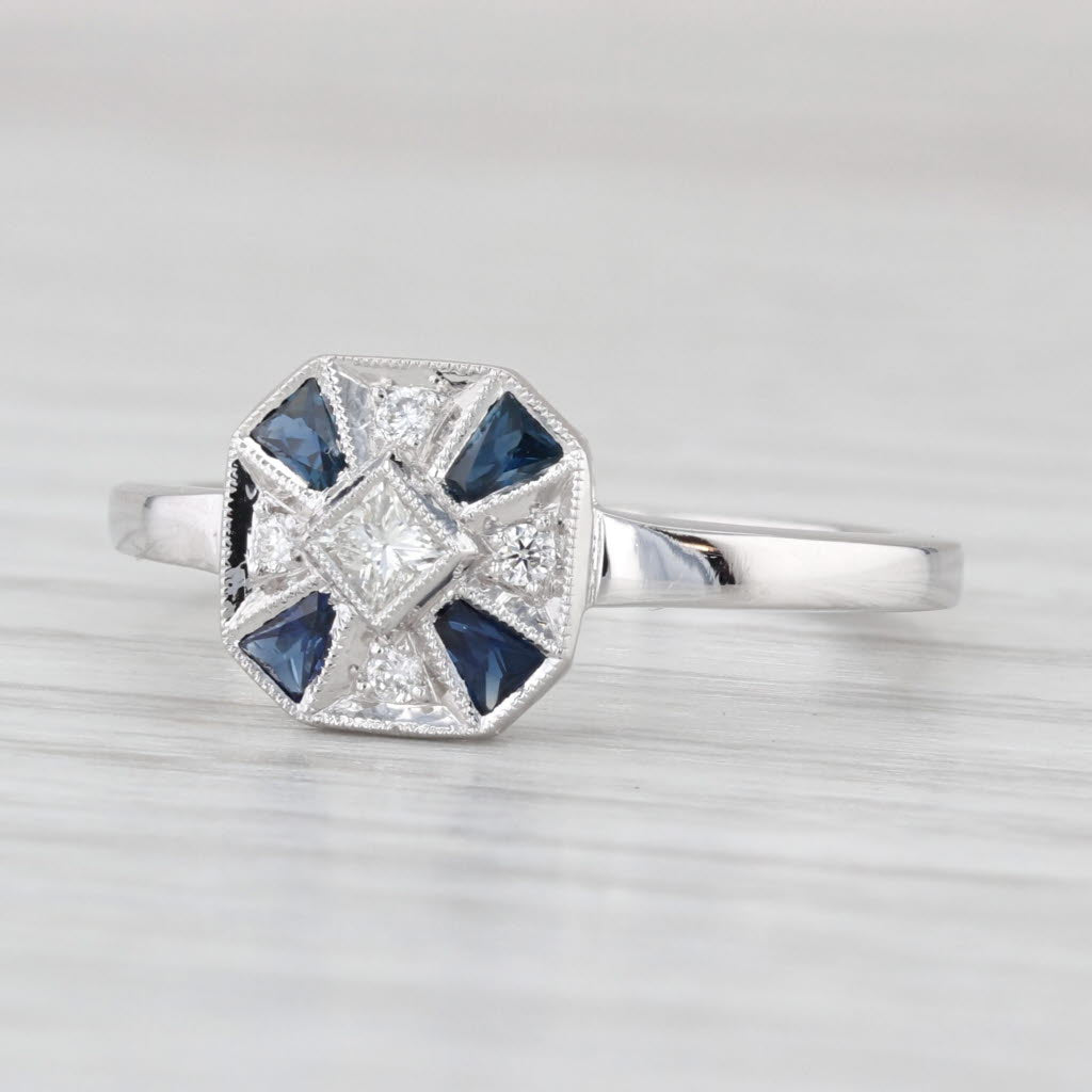 New Beverley K 0.46ctw Blue Sapphire Diamond Halo Ring 18k White Gold Size 6.5