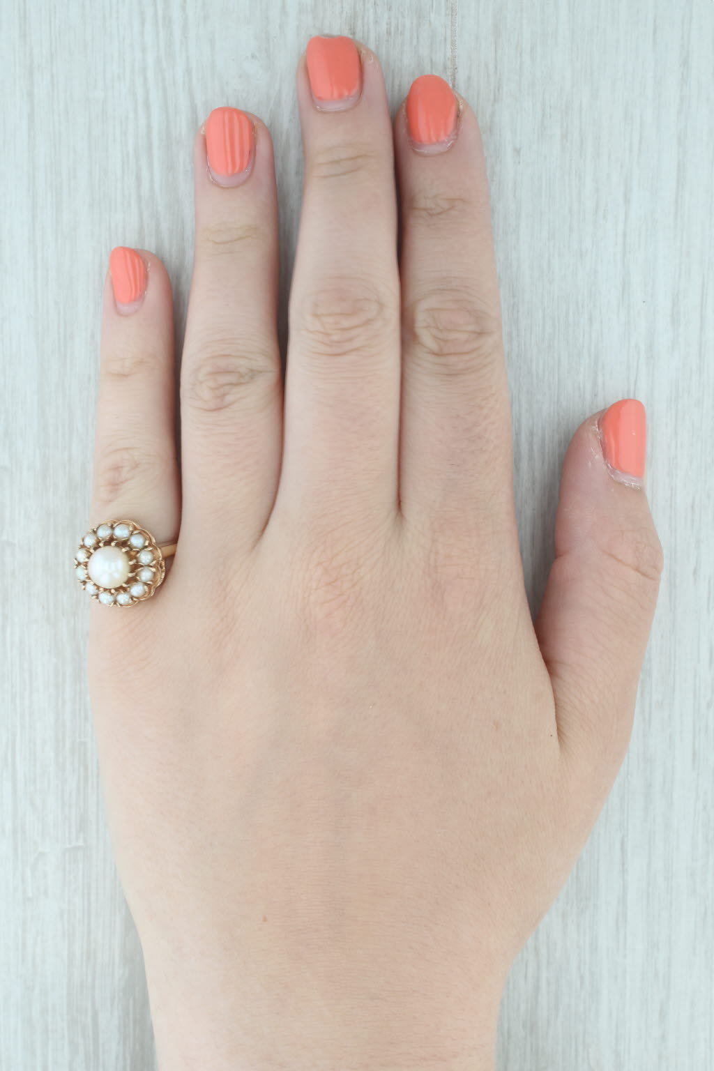 Vintage Cultured Pearl Halo Ring 14k Yellow Gold Size 7 Cocktail
