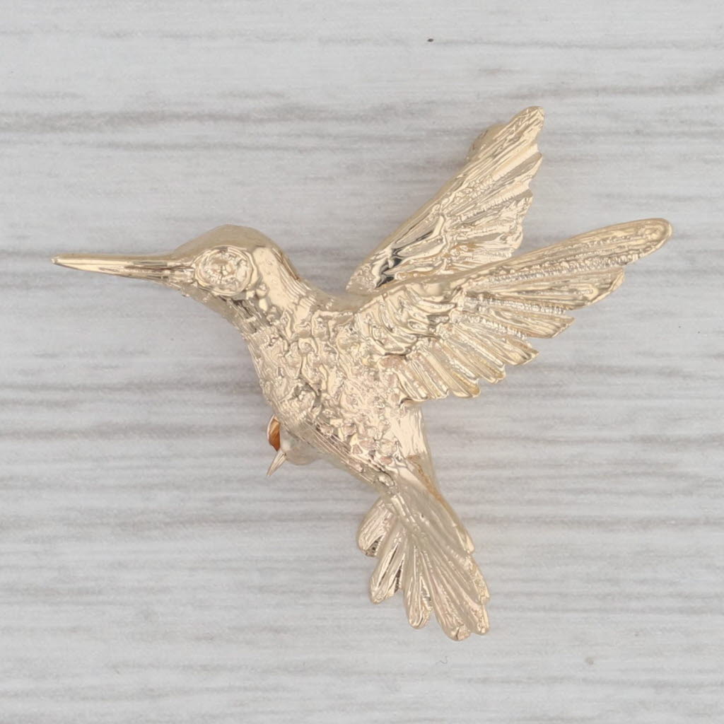 Gray Small Hummingbird Pin 14k Yellow Gold Brooch