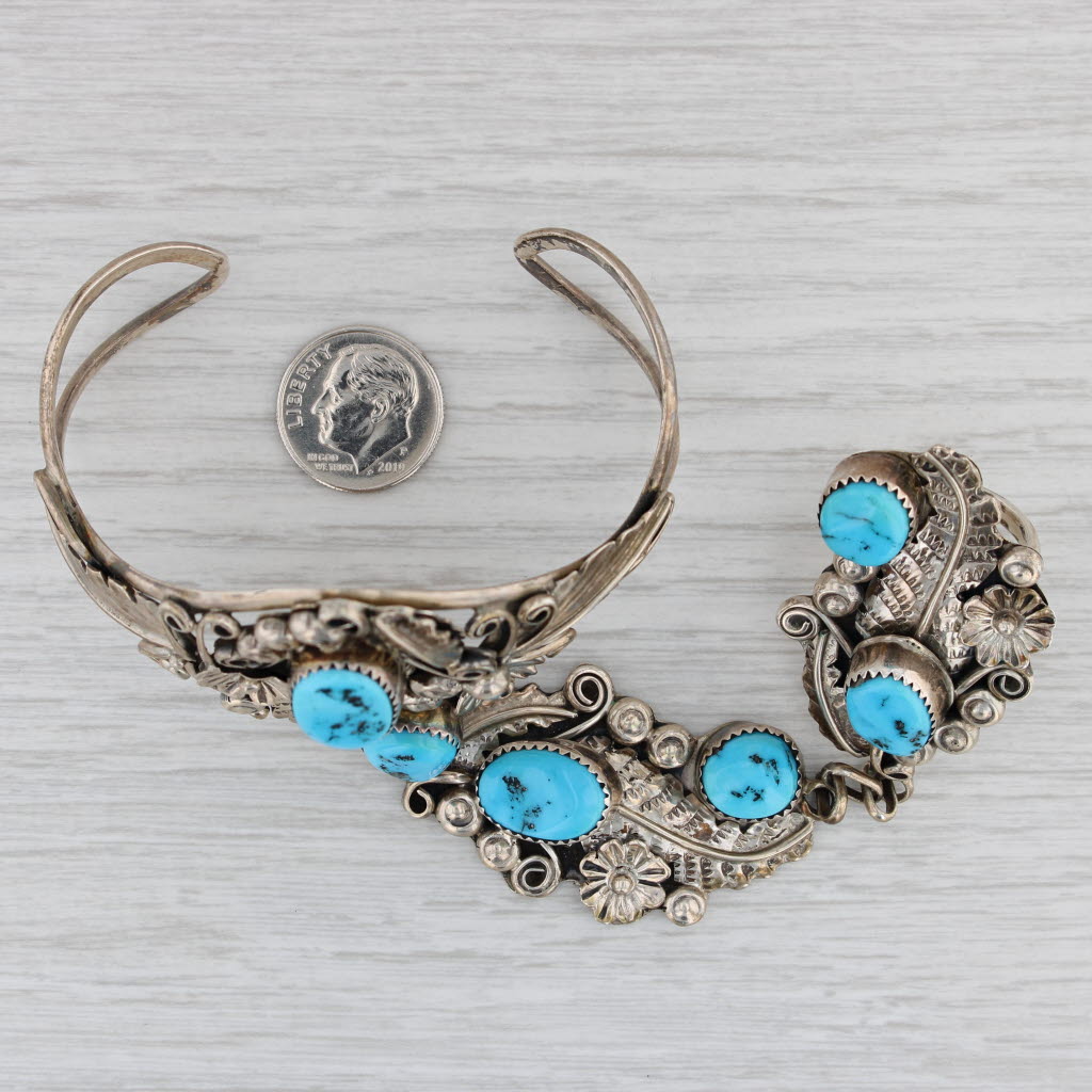 Gray Vintage Native American Turquoise Cuff Bracelet Ring Set Sterling Silver Yazzie