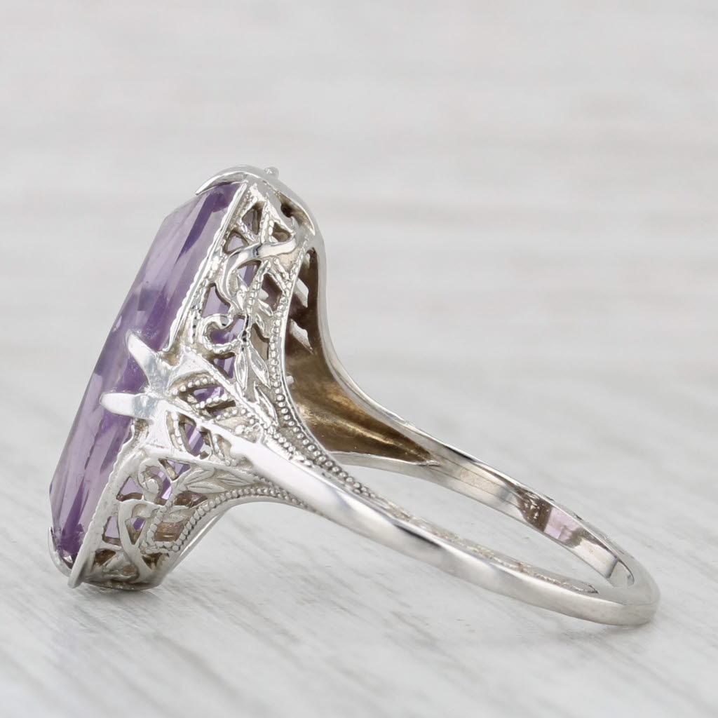 Light Gray Vintage Amethyst Solitaire Ring 14k White Gold Filigree Size 6.5