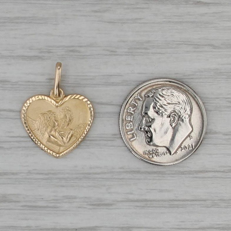 Kissing Cherubs Heart Pendant 14k Yellow Gold Small Charm Guardian Angels