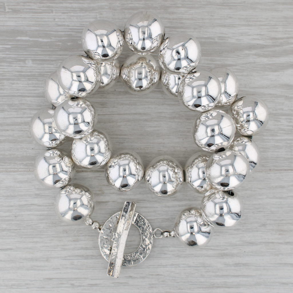 Gray Silver Bead Wire Strand Statement Necklace Sterling Silver 18.5" Toggle Clasp