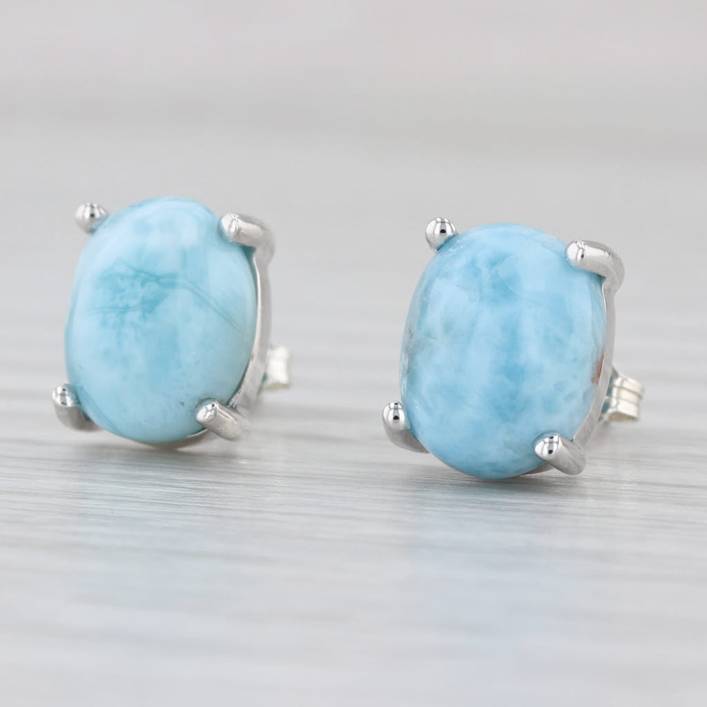Larimar Oval Cabochon Solitaire Stud Earrings Sterling Silver Studs COA