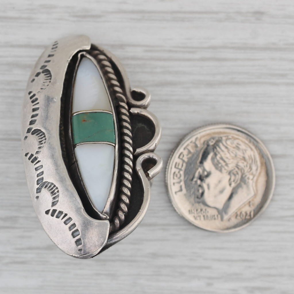 Gray Vintage Turquoise Mother of Pearl Stamped Ring Sterling Silver Size 6 Statement