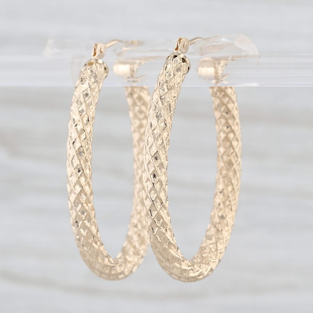 Crosshatch Oval Hoop Earrings 14k Yellow Gold Snap Top Hoops