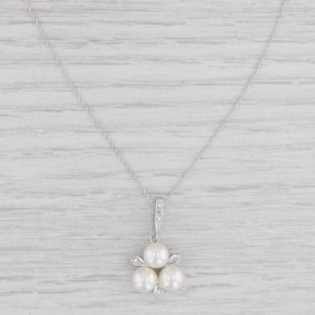 Light Gray Vintage Cultured Pearl Diamond Pendant Necklace 14k Gold 17.75" Rope Chain