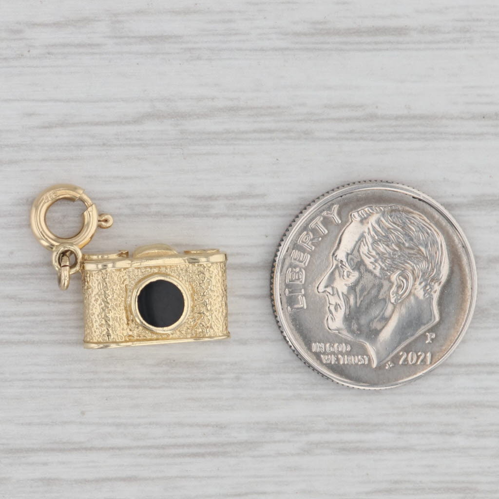 Gray Camera Charm 14k Yellow Gold Enamel Photography Pendant
