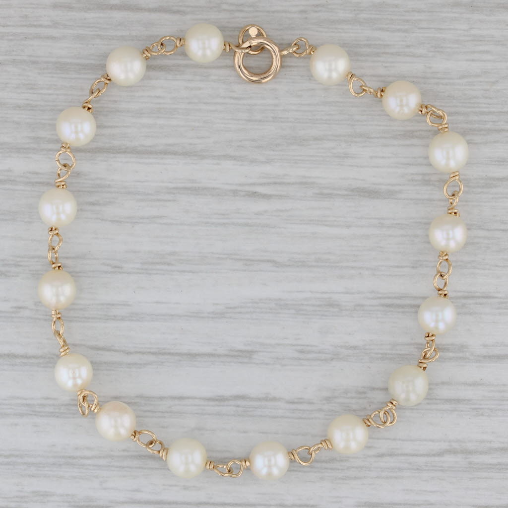 Gray Cultured Pearl Bead Chain Bracelet 14k Yellow Gold 6.5" 5-5.3mm