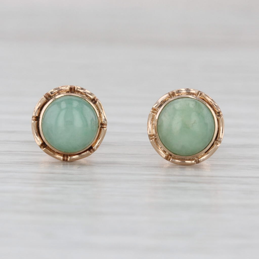 Green Jadeite Jade Stud Earrings 14k Yellow Gold Round Cabochon Studs