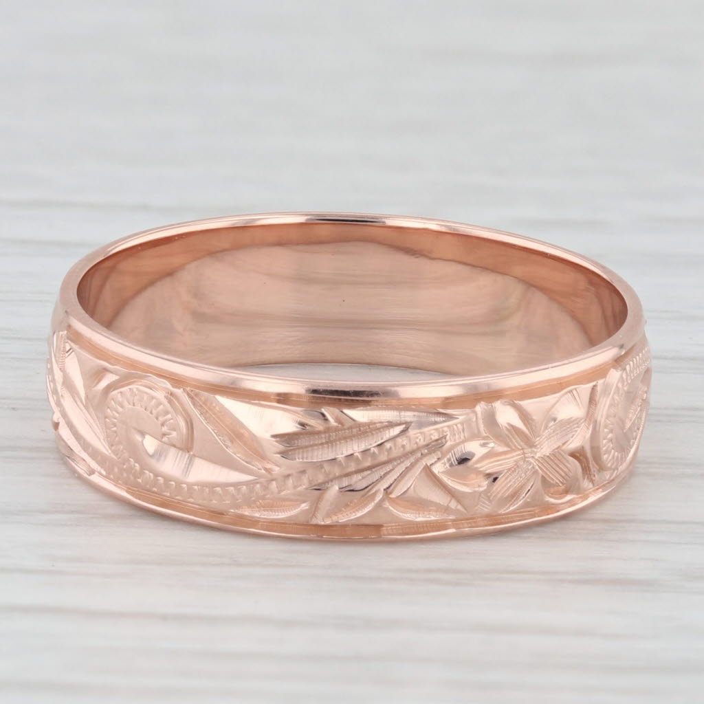 Light Gray Vintage Floral Etched Ring 14k Rose Gold Size 9.25 Wedding Band