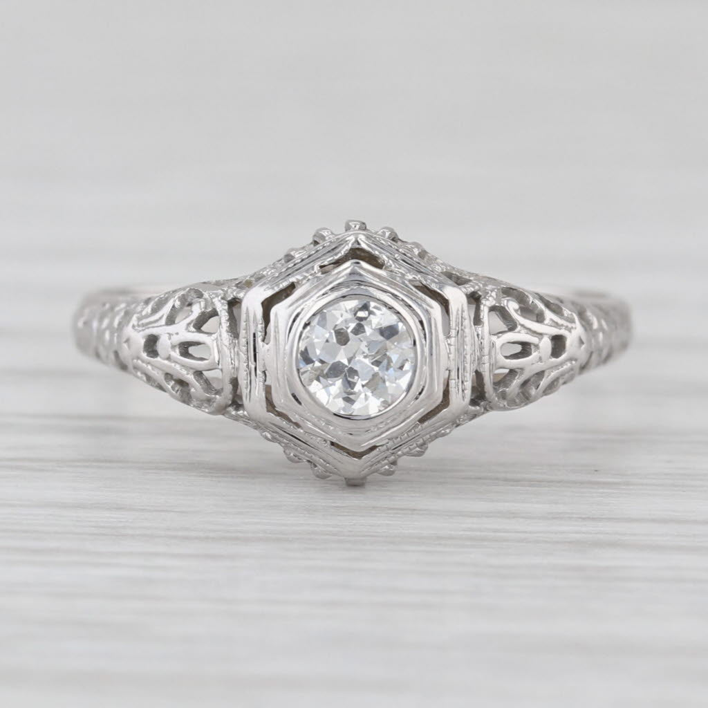 Art Deco 0.20ct Diamond Solitaire Engagement Ring 18k White Gold Filigree Sz 6.5