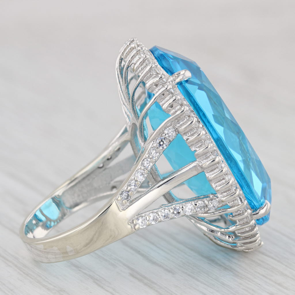 Light Gray Sterling Silver Cocktail Portuguese Blue Glass Halo Statement Size 9.25 Ring