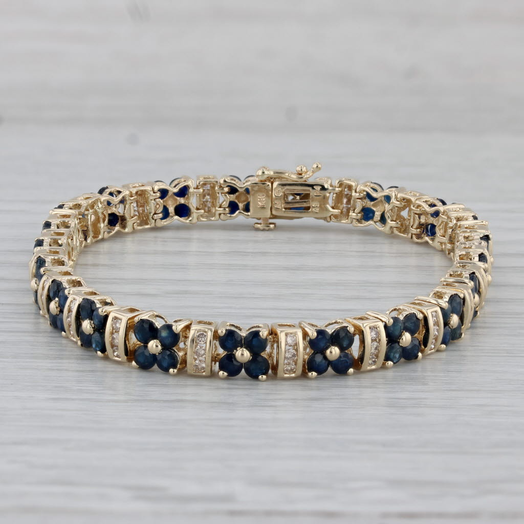 Gray 5.49ctw Blue Sapphire Flower Diamond Tennis Bracelet 14k Yellow Gold 6.75"