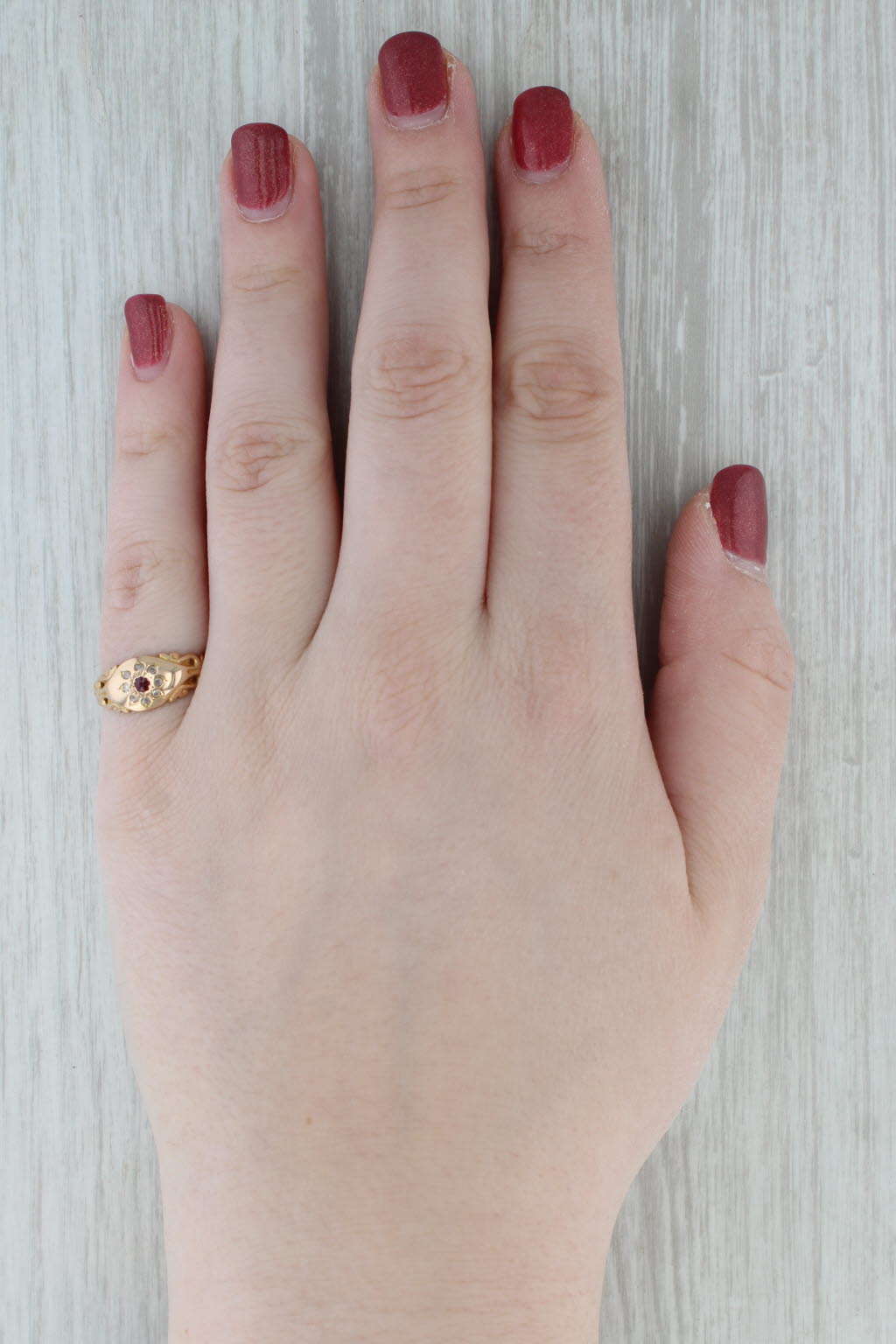 Dark Gray Antique Ruby Diamond Flower Ring 12k Yellow Gold Size 8