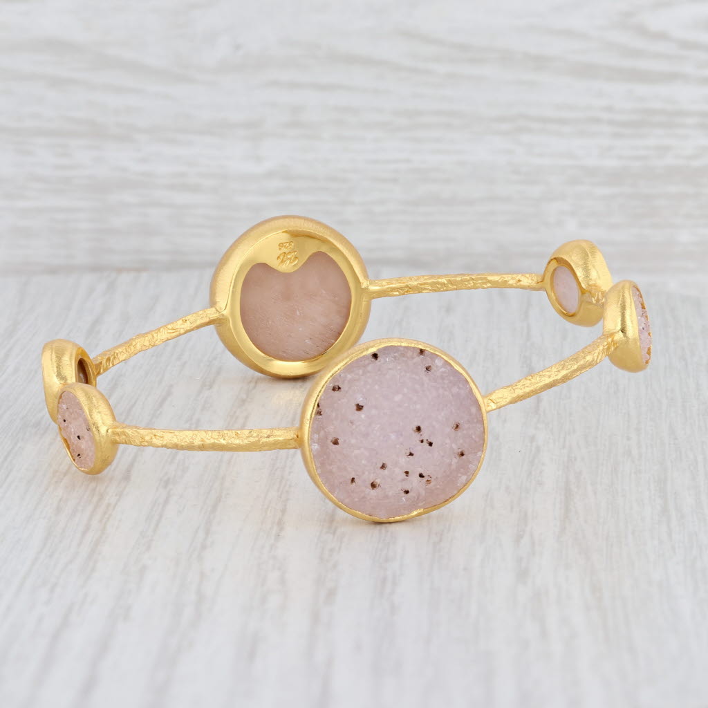 New Nina Wynn 8" Bangle Bracelet Sand White Druzy Quartz Sterling 22k Vermeil