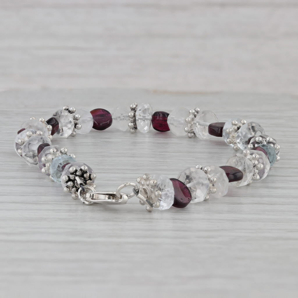 Gray Aquamarine Topaz Crystal Quartz Garnet Gemstone Bead Bracelet Sterling Silver