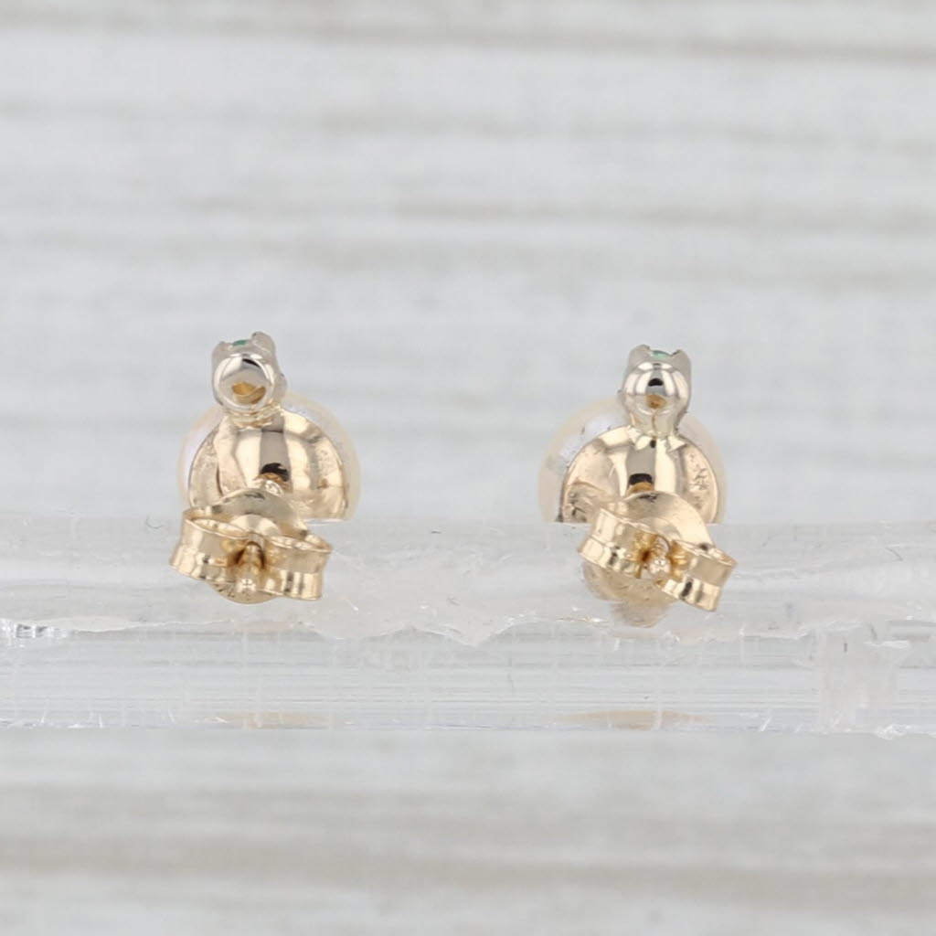Saltwater Cultured Pearl Emerald Stud Earrings 14k Yellow Gold Studs