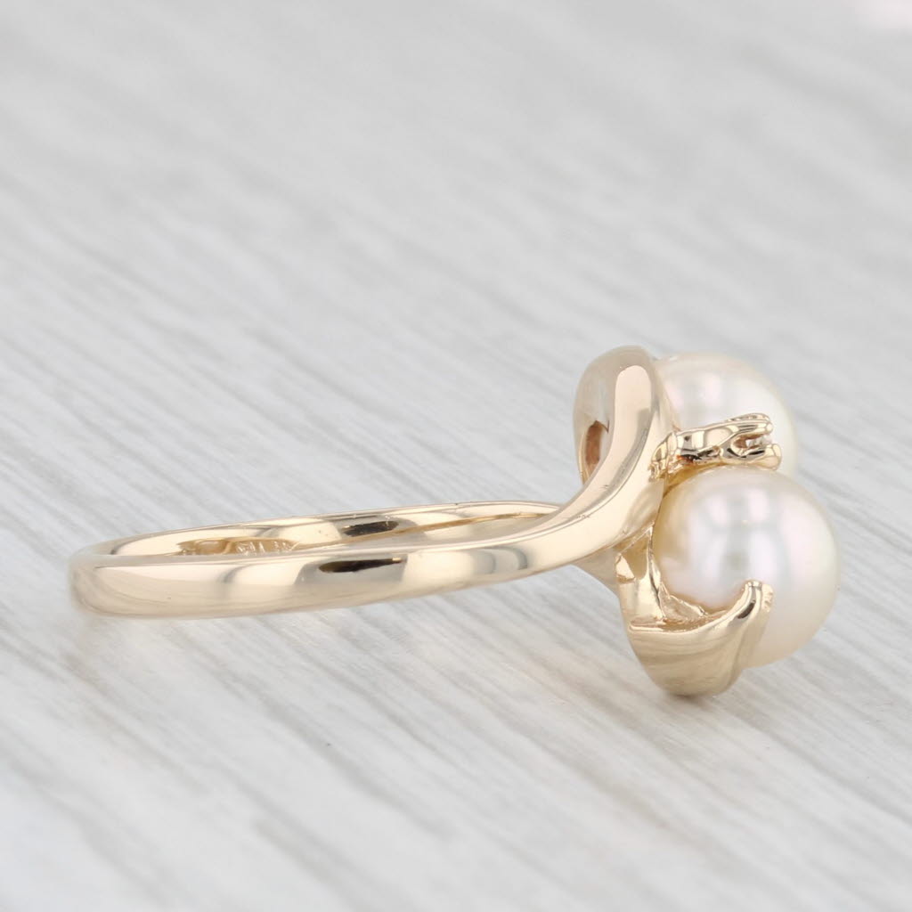 Light Gray 2 Stone Cultured Pearl Bypass Diamond Ring 10k Yellow Gold Size 6.25