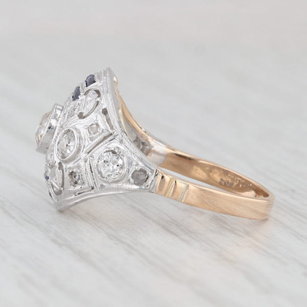 Art Deco Diamond Lab Created Sapphires Ring 14k Gold Platinum Sz 6.75 Engagement