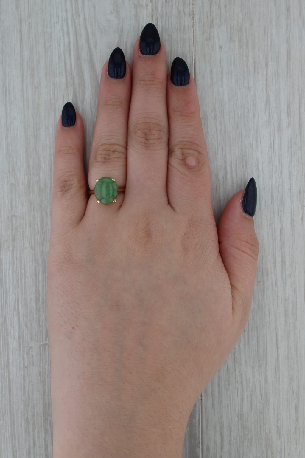 Oval Cabochon Green Jadeite Jade Solitaire Ring 14k Yellow Gold Size 6