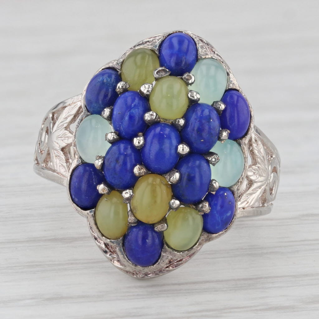 Gray Gemstone Cluster Ring Sterling Silver Lapis Lazuli Chalcedony Cabochons Size 6.5