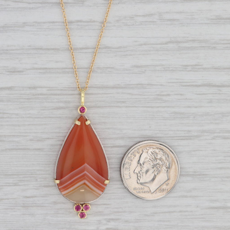 Orange Banded Agate Pink Tourmaline Pendant Necklace 18k Gold 18" Cable Chain