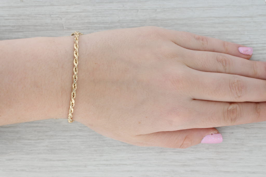 Gray Rope Chain Bracelet 14k Yellow Gold Lobster Clasp 7" 3.5mm