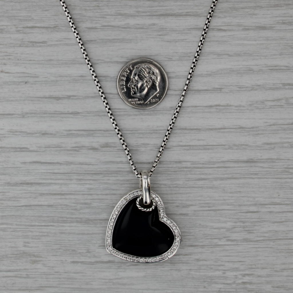 David Yurman Onyx Diamond Heart Pendant Necklace Sterling Silver Box Chain