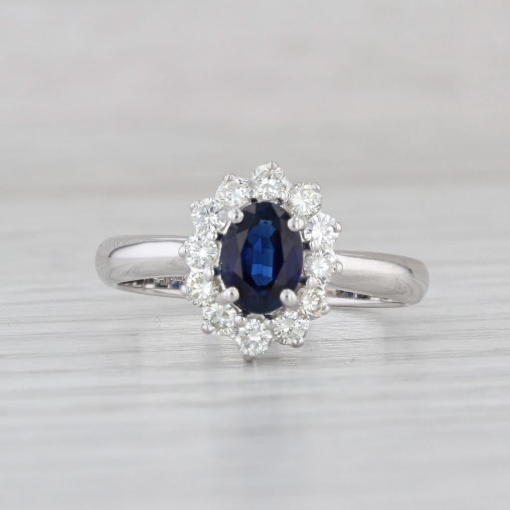 1.30ctw Blue Sapphire Diamond Halo Ring 18k White Gold Size 7.25 Engagement