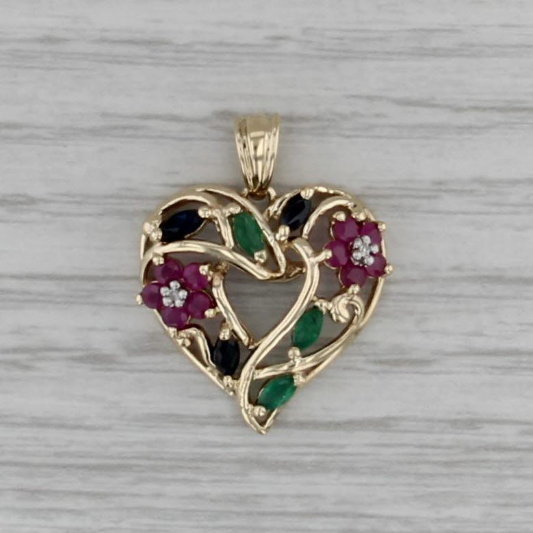 1.04ctw Ruby Emerald Sapphire Diamond Floral Heart Pendant 10k Yellow Gold