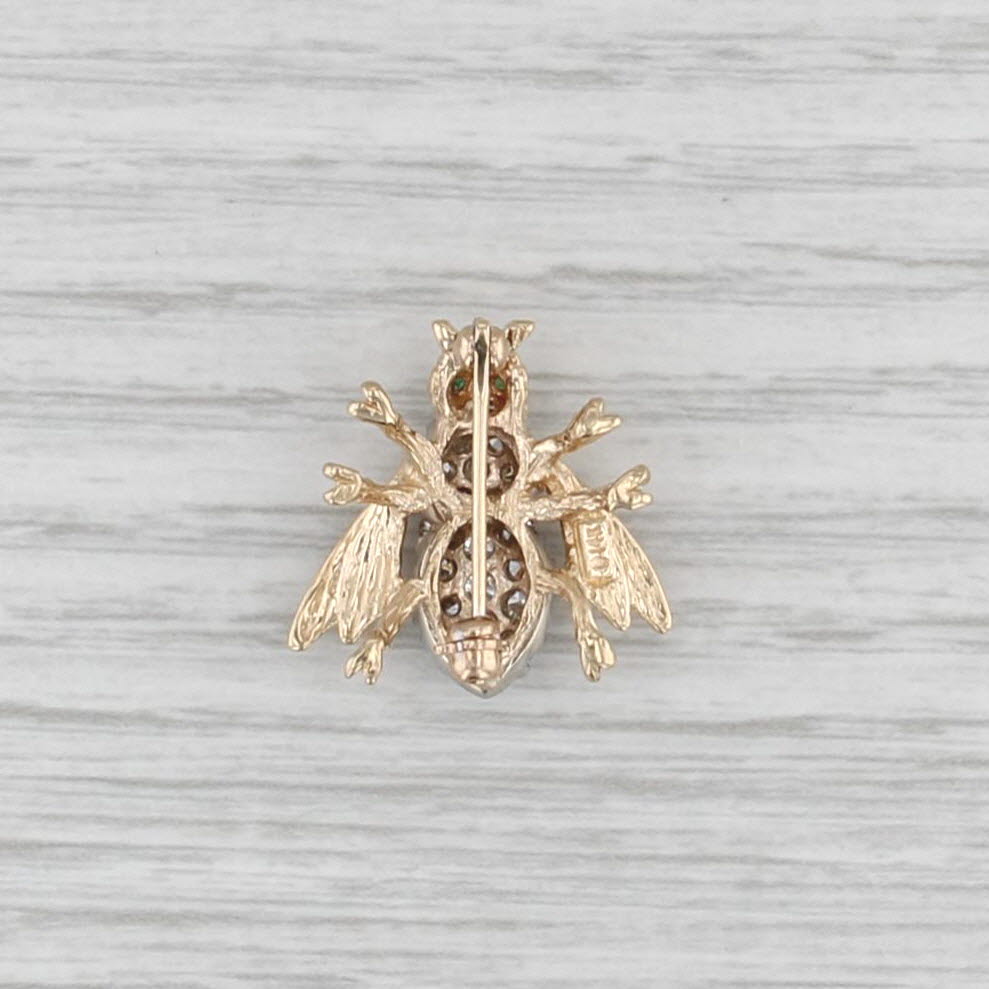 Vintage 0.46ctw Diamond Emerald Bee Brooch 14k Yellow White Gold Pin