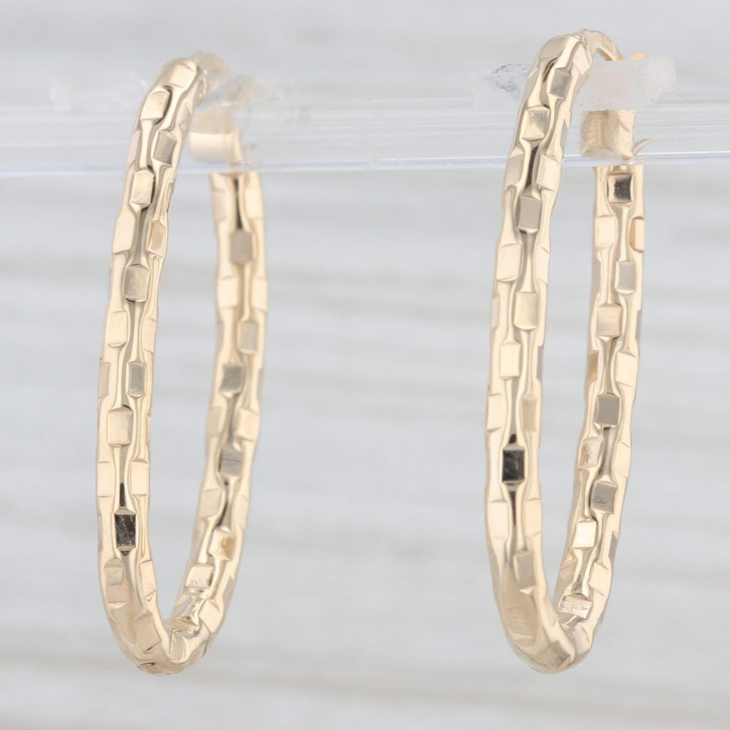Light Gray New Checked Oval Hoop Earrings 14k Yellow Gold Snap Top Hoops