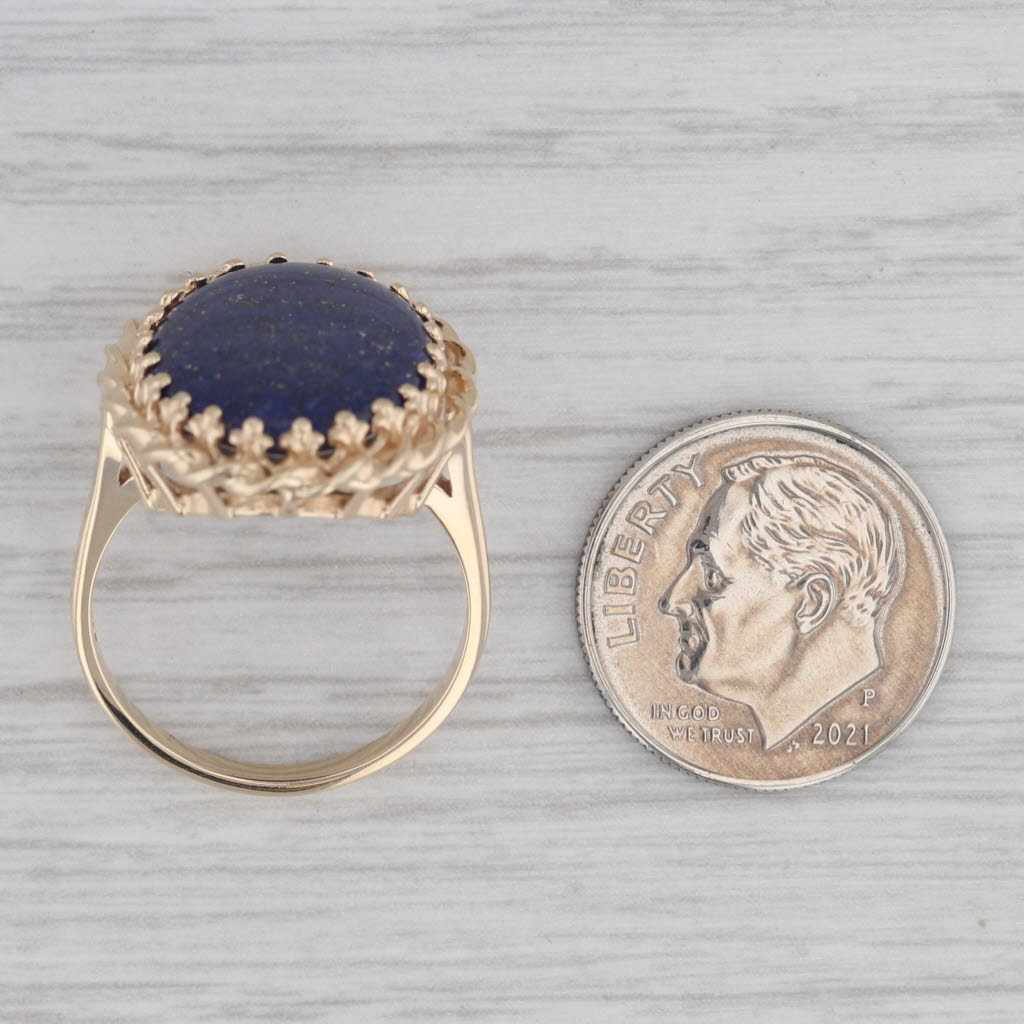 Gray Oval Cabochon Solitaire Blue Lapis Lazuli Ring 10k Yellow Gold Size 7.25