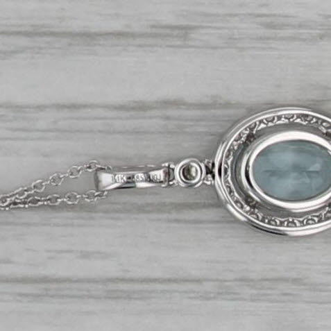 New 1.45ctw Aquamarine Diamond Halo Pendant Necklace 14k White Gold 18"